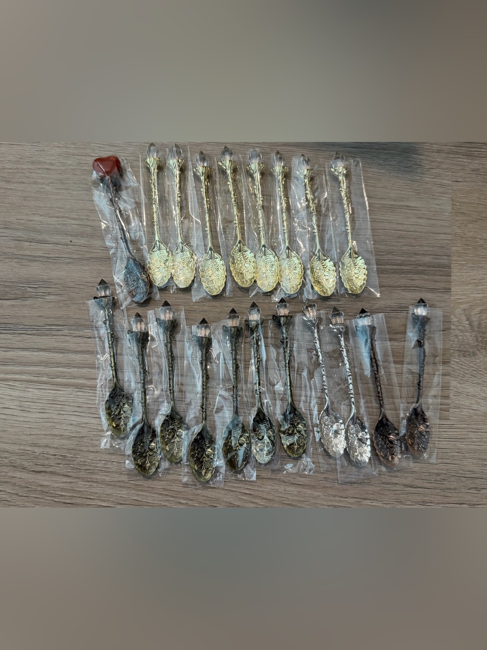 Lot Of 20 Decorative Silver, Gold and Brass Floral Spoons Crystal Tips
